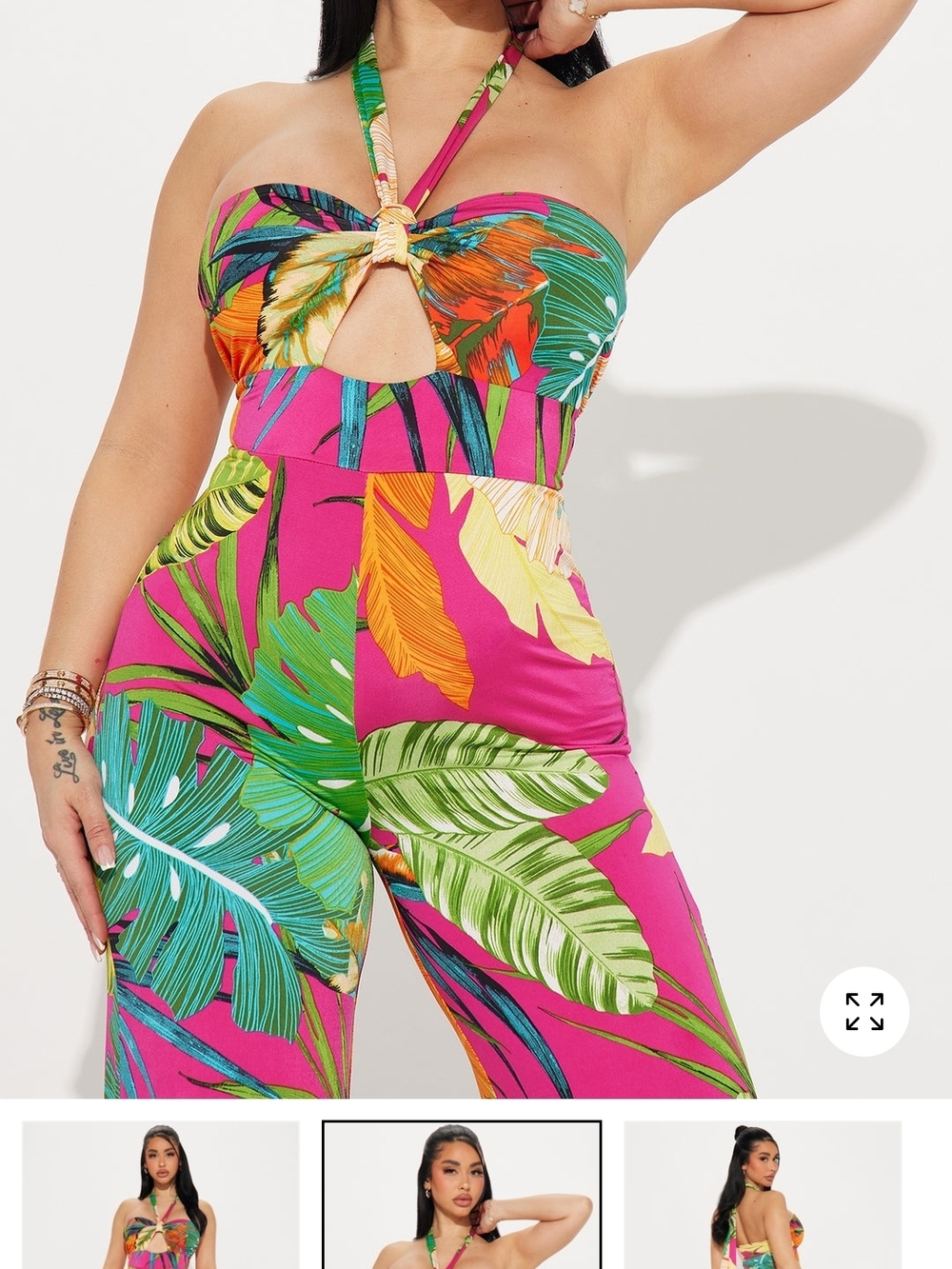 Fashion Nova Pink Tropical Halter Keyhole Jumpsuit